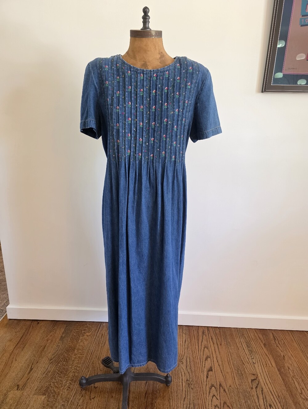 Cottagecore Embroidered Demin Maxi Prairie Dress Floral 90s Karin Stevens Sz 14